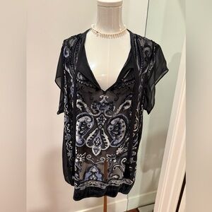 Calypso St. Barth Black Sheer Embroidered V-Neck Blouse